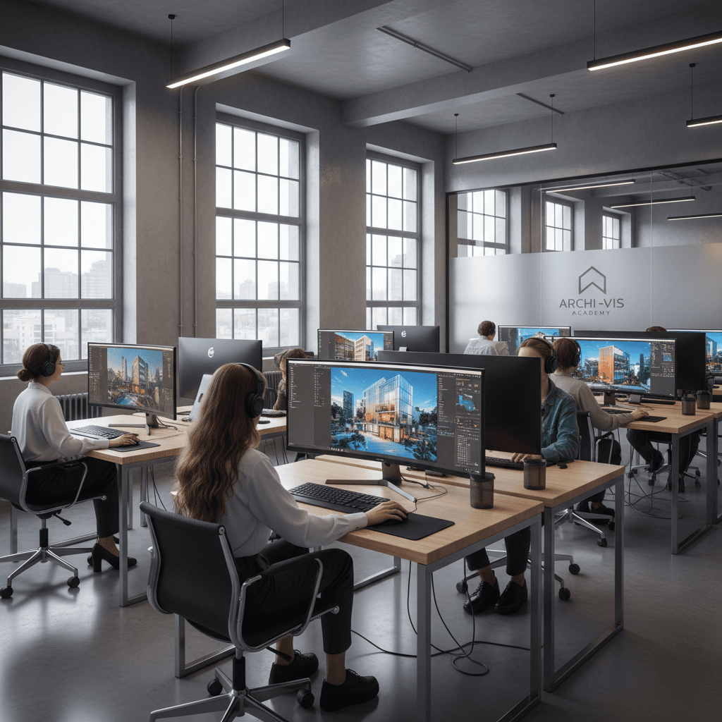 Students working on 3D architectural visualization projects at Arche Academy