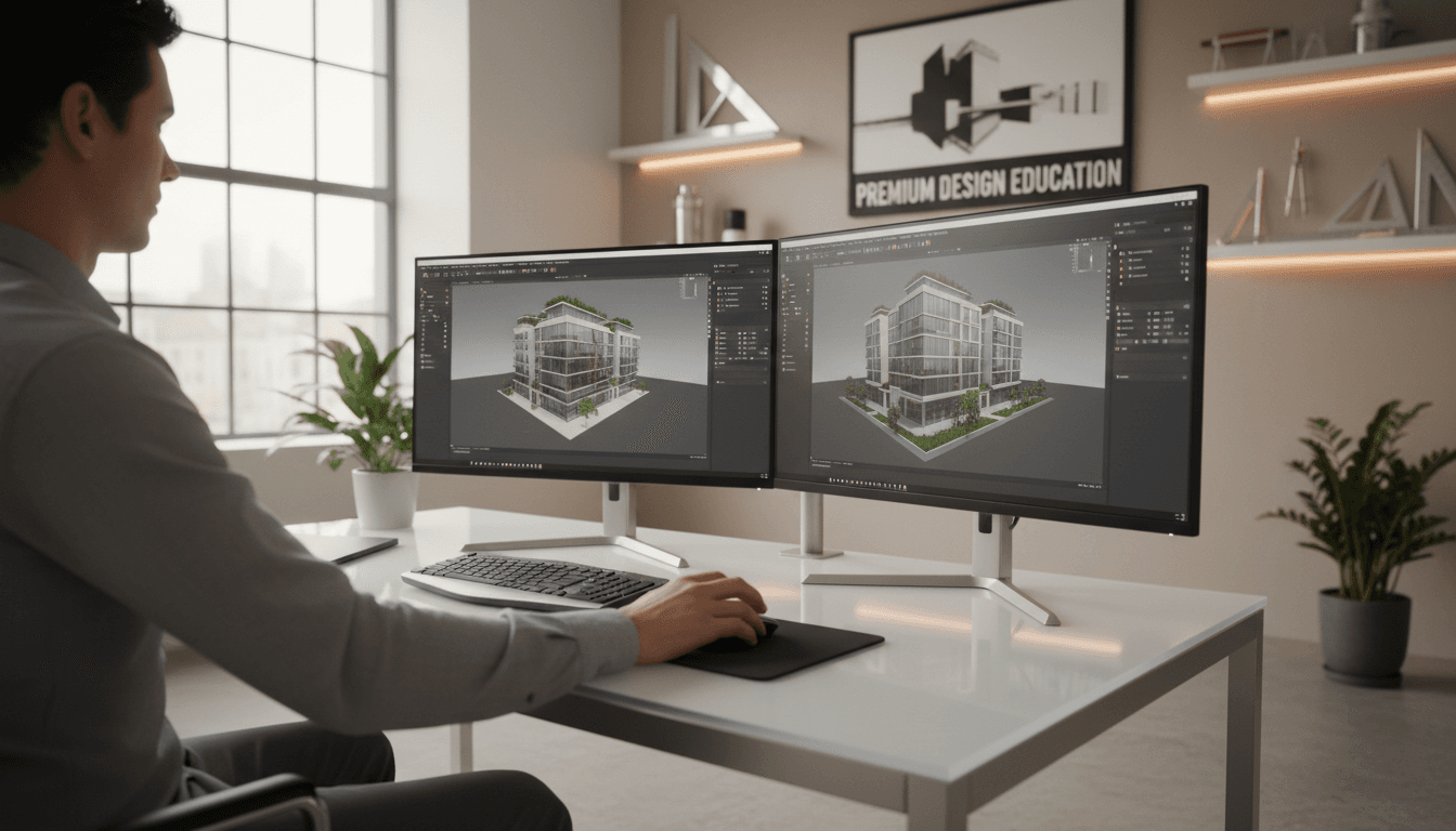 Architectural designer working on 3D visualization project in modern studio