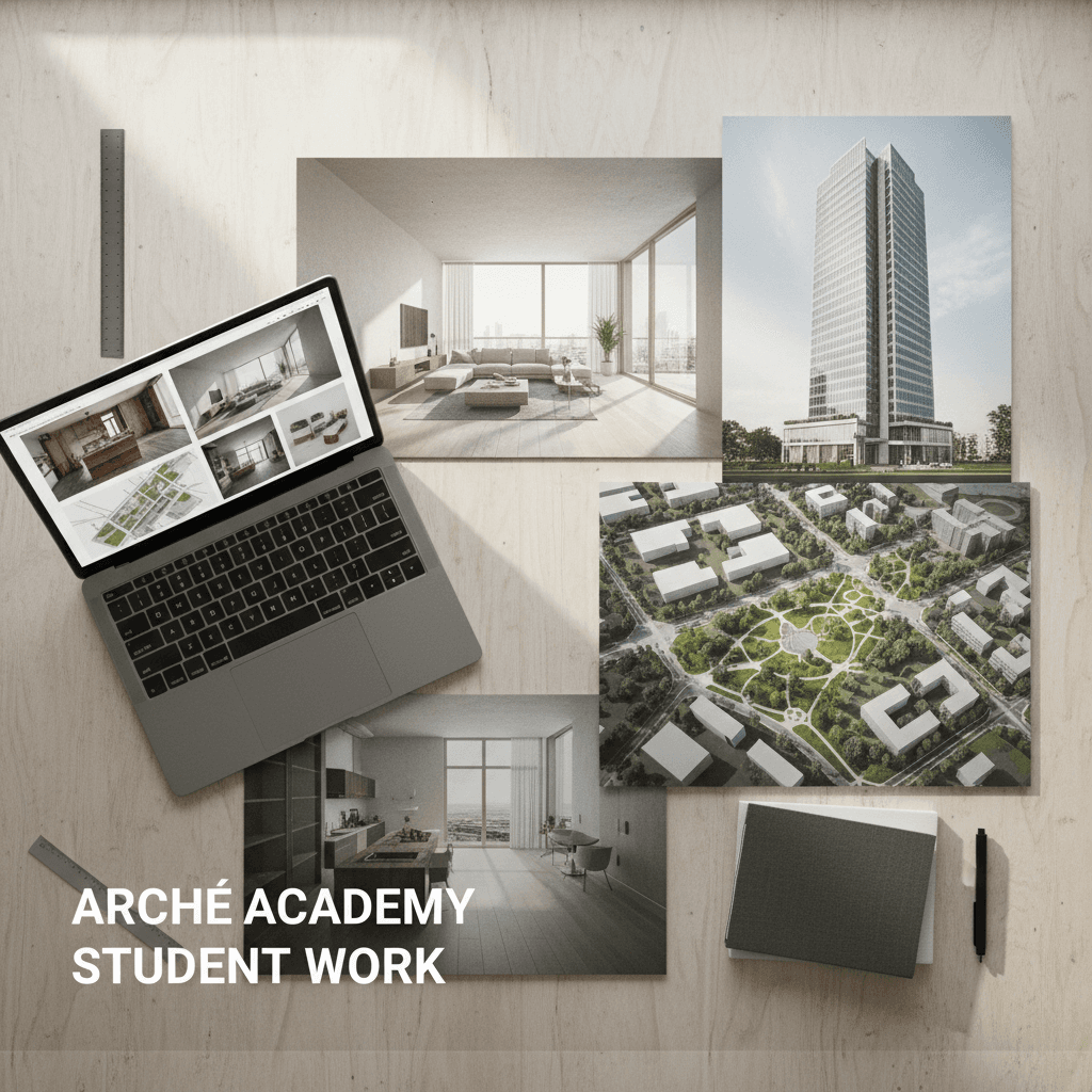 Student portfolio displaying completed architectural visualization projects