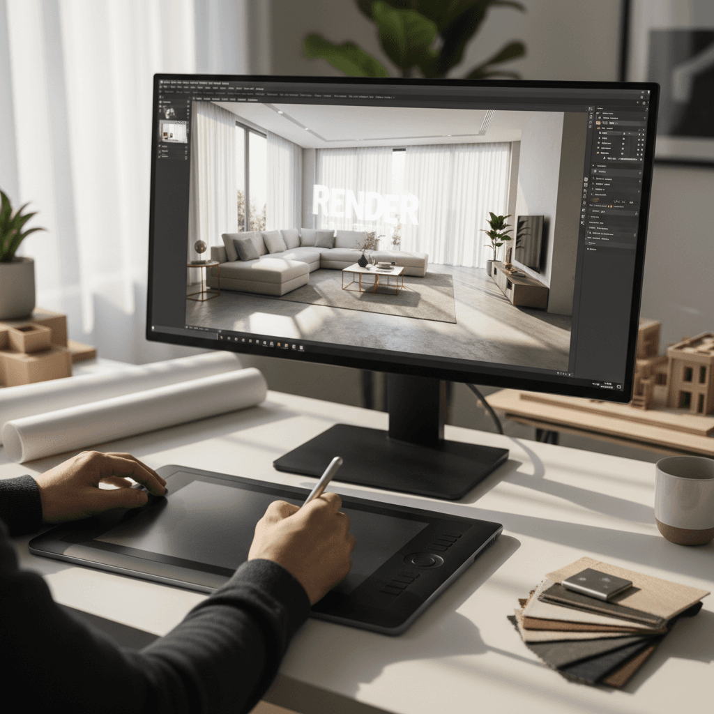 Designer working on 3D architectural visualization using industry-standard software