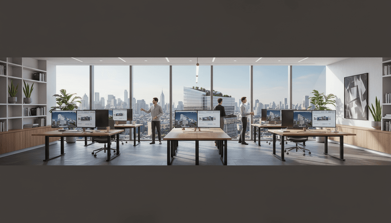 Designer working on architectural 3D visualization at a modern workspace with monitors showing professional rendering software