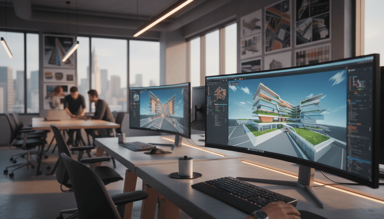 Professional architectural visualization workstation with 3D model displayed on high-resolution monitor