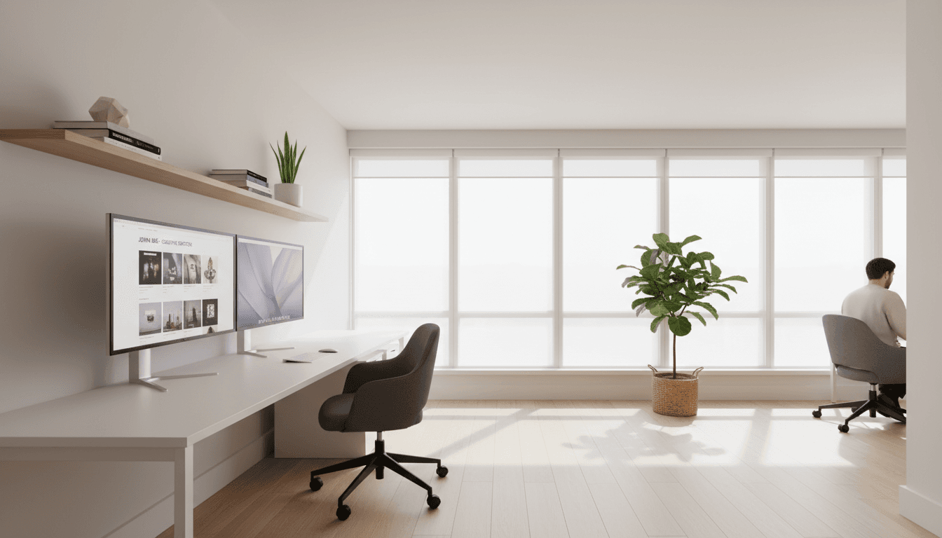 Modern design studio workspace at Arche Academy with student working on 3D architectural visualization software