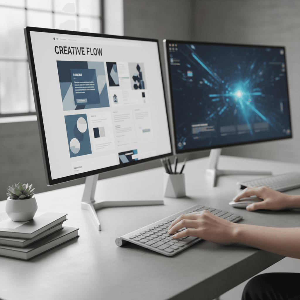 Architect working with 3D visualization software on multiple monitors